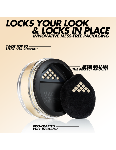 Polvo suelto. Polvo traslúcido para matizar, sella y fija fija el maquillaje. 18g. Producto waterproof.